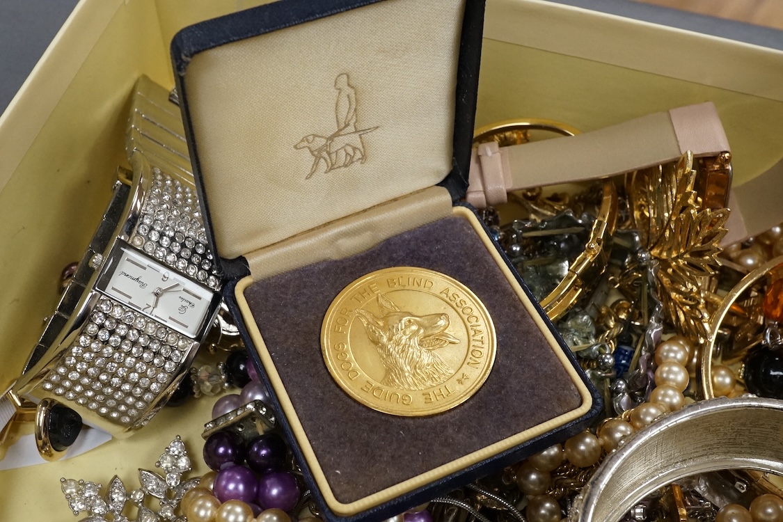A quantity of assorted costume including necklaces, bangle, etc. and two wrist watches.